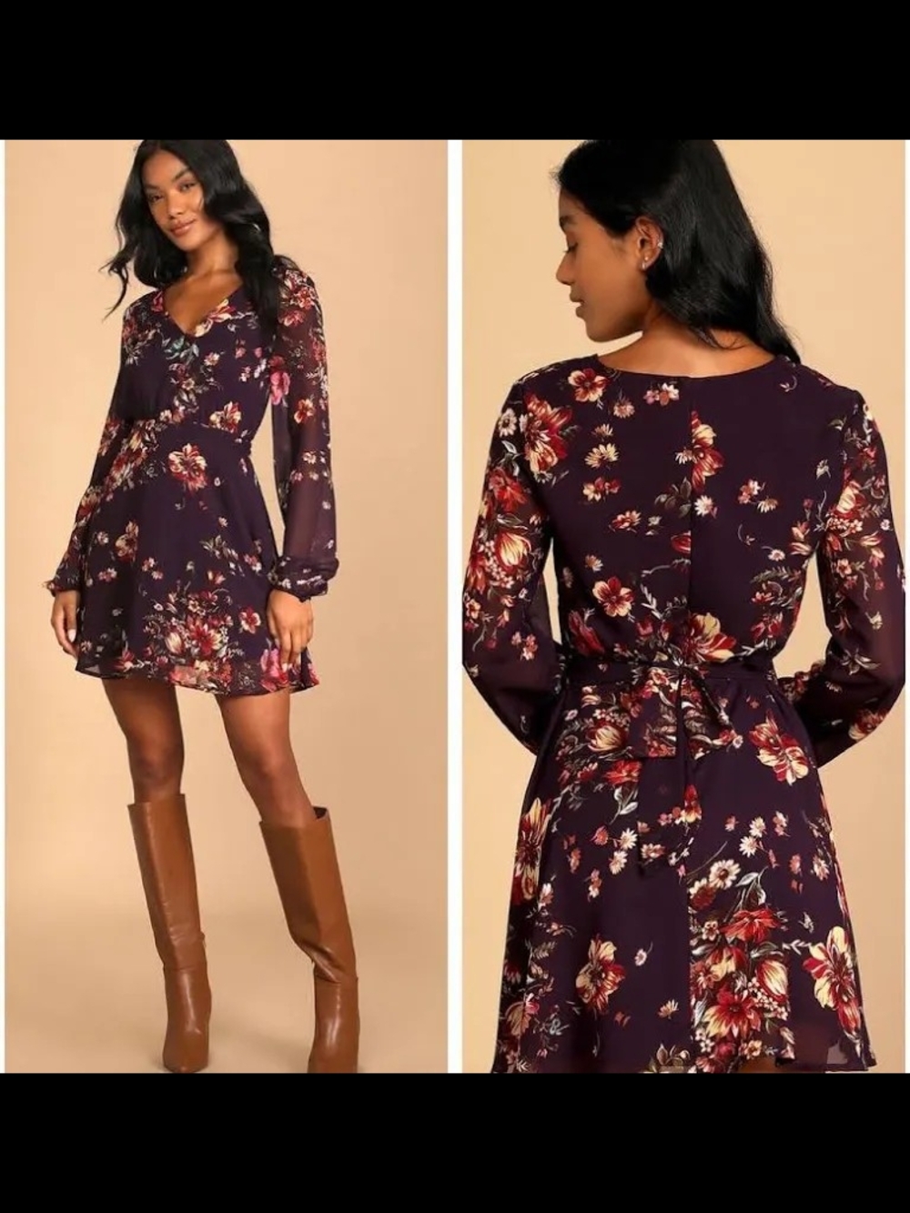 Lulus "Always Yours" Plum Purple Floral Print Long Sleeve Skater Mini Dress XXS